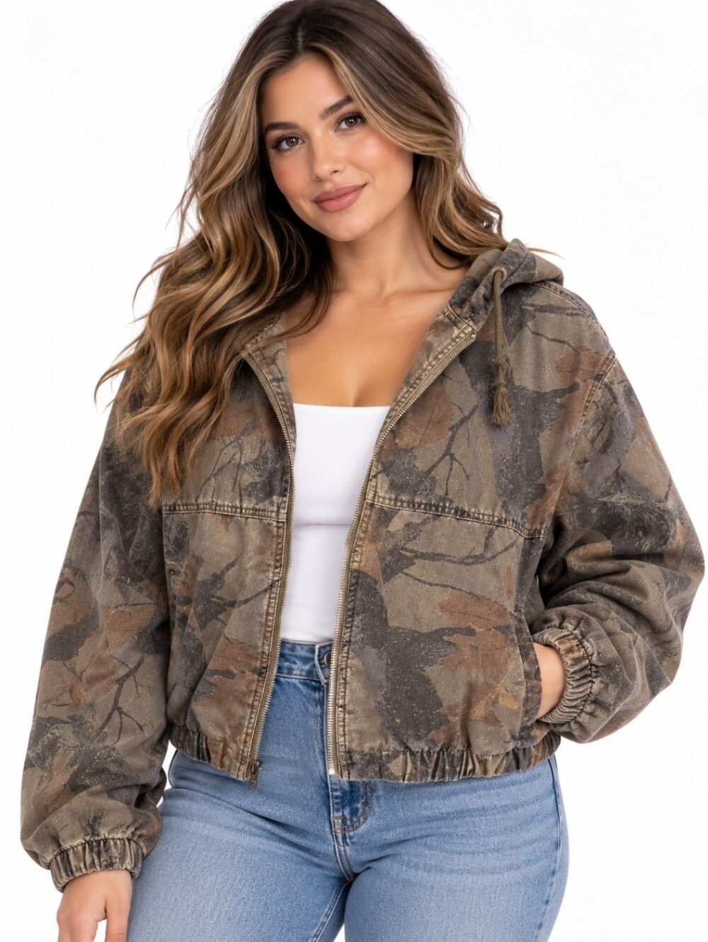 BDG Camouflage Zip Bomber Jacket in Brown & Green